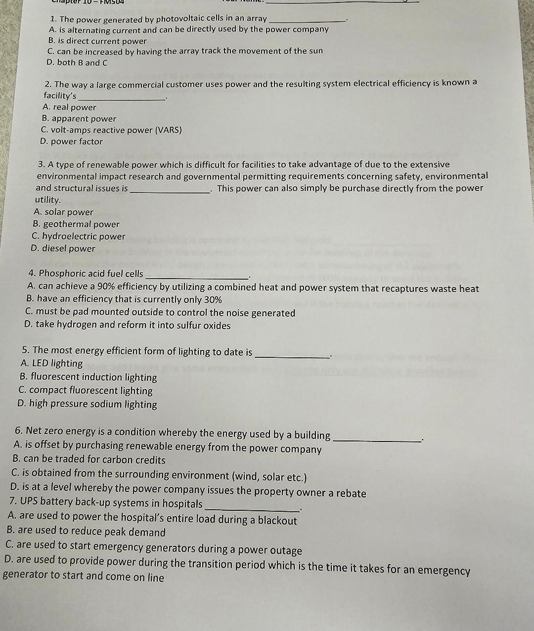 1. The power generated by photovoltaic cells in an array A.