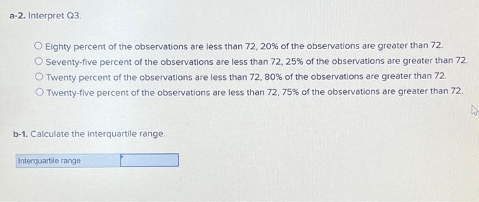 using 200 observations. a-1. Interpret Q1. Eighty percent of the observations are