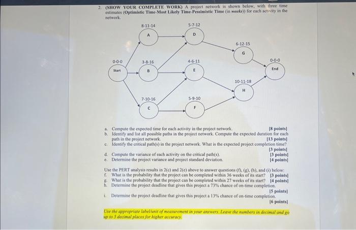  2. (SHOW YOUR COMPLETE WORK) A project network is shown below,