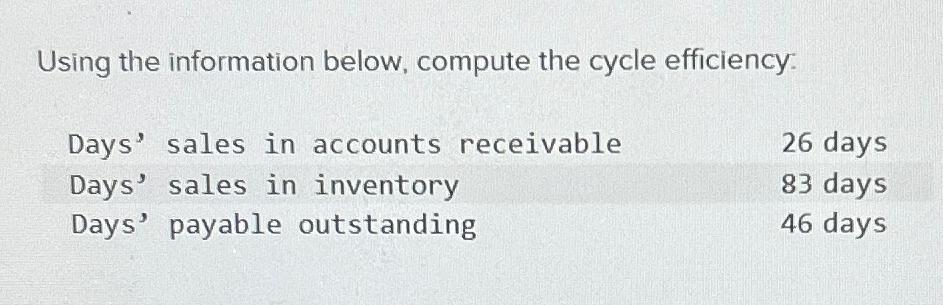  Using the information below, compute the cycle efficiency: \table[[Days' sales in