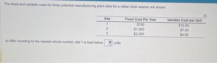 please help answer this question. The fixed and variable costs for three