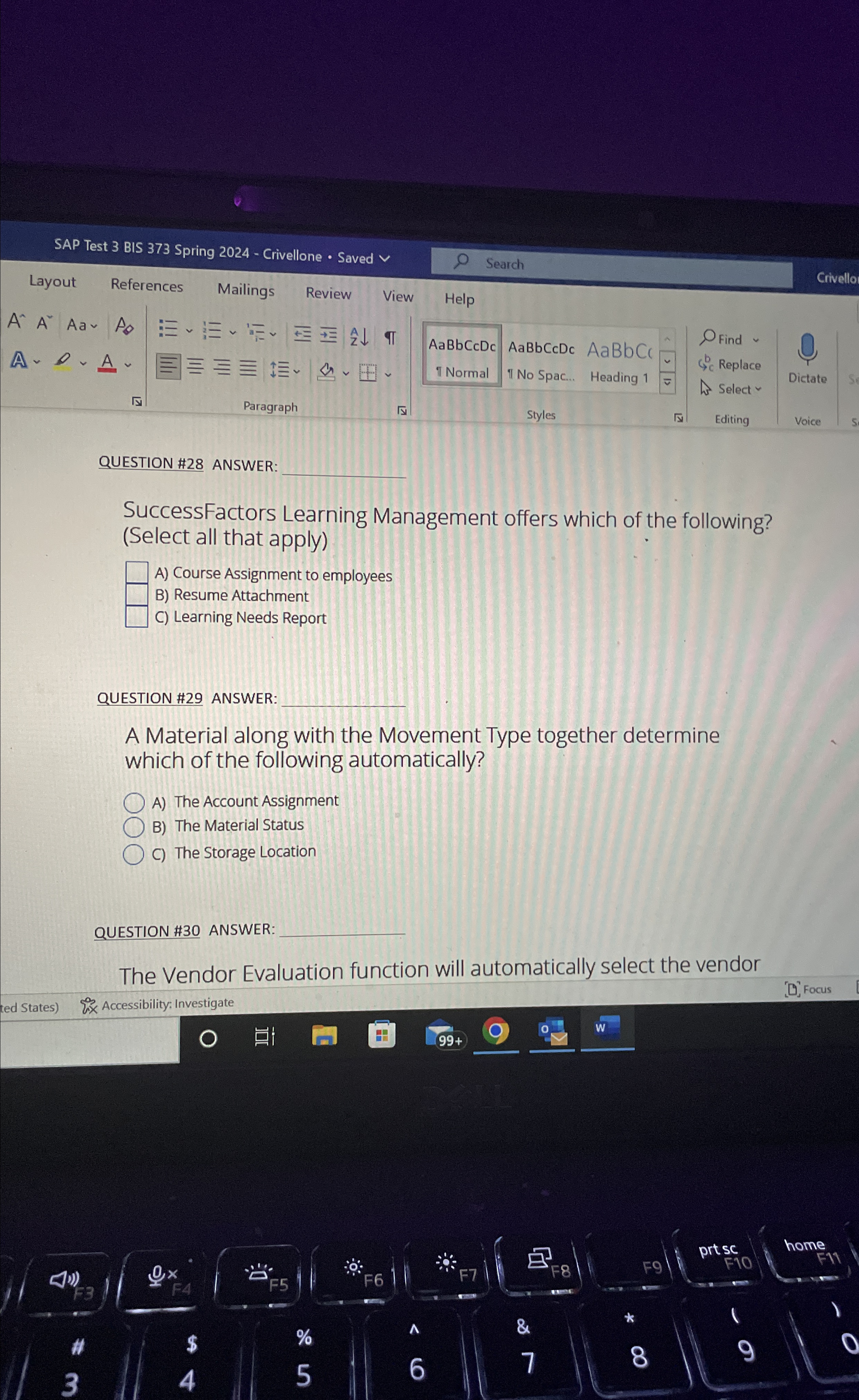  SAP Test 3 BIS 373 Spring 2024- Crivellone * Saved V