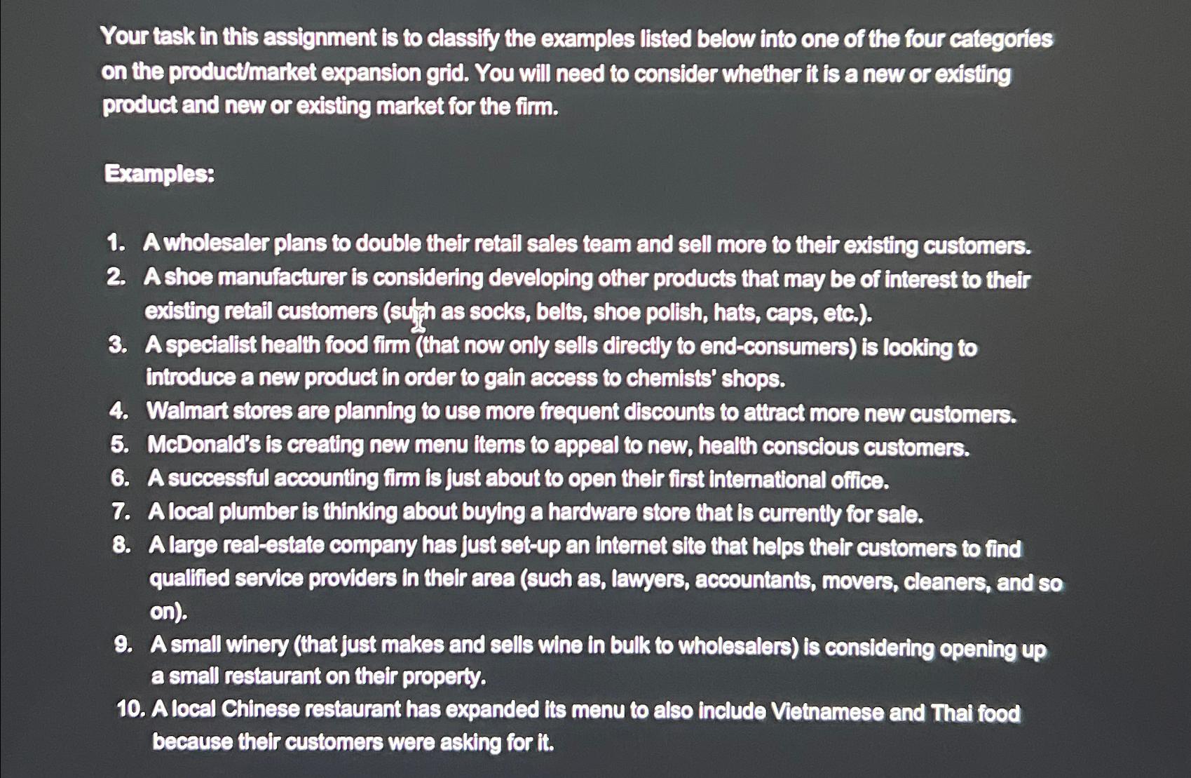  Your task in this assignment is to classify the examples listed