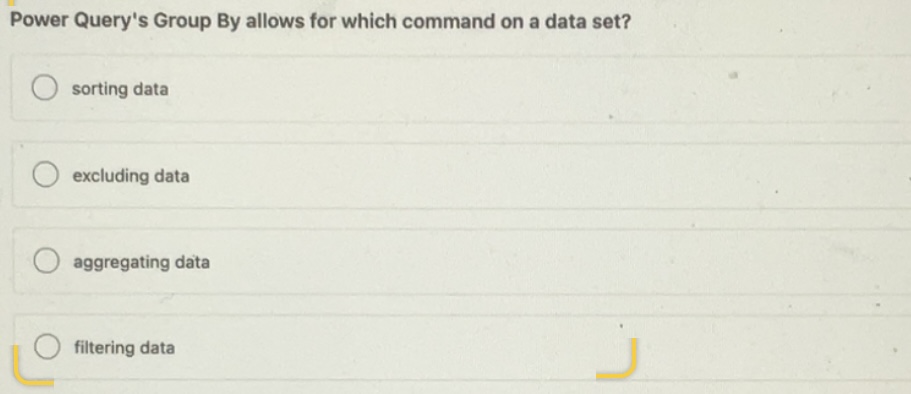 set? sorting data excluding data aggregating data filtering data When data is