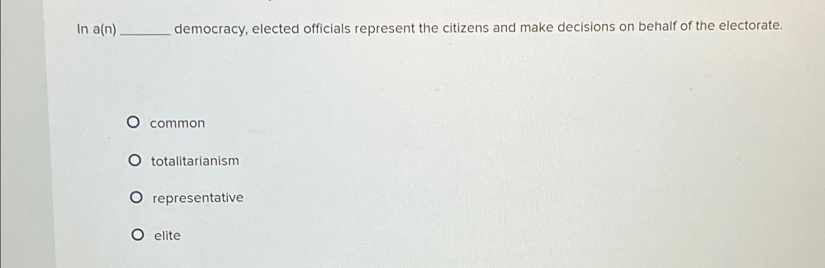  In a(n) democracy, elected officials represent the citizens and make decisions
