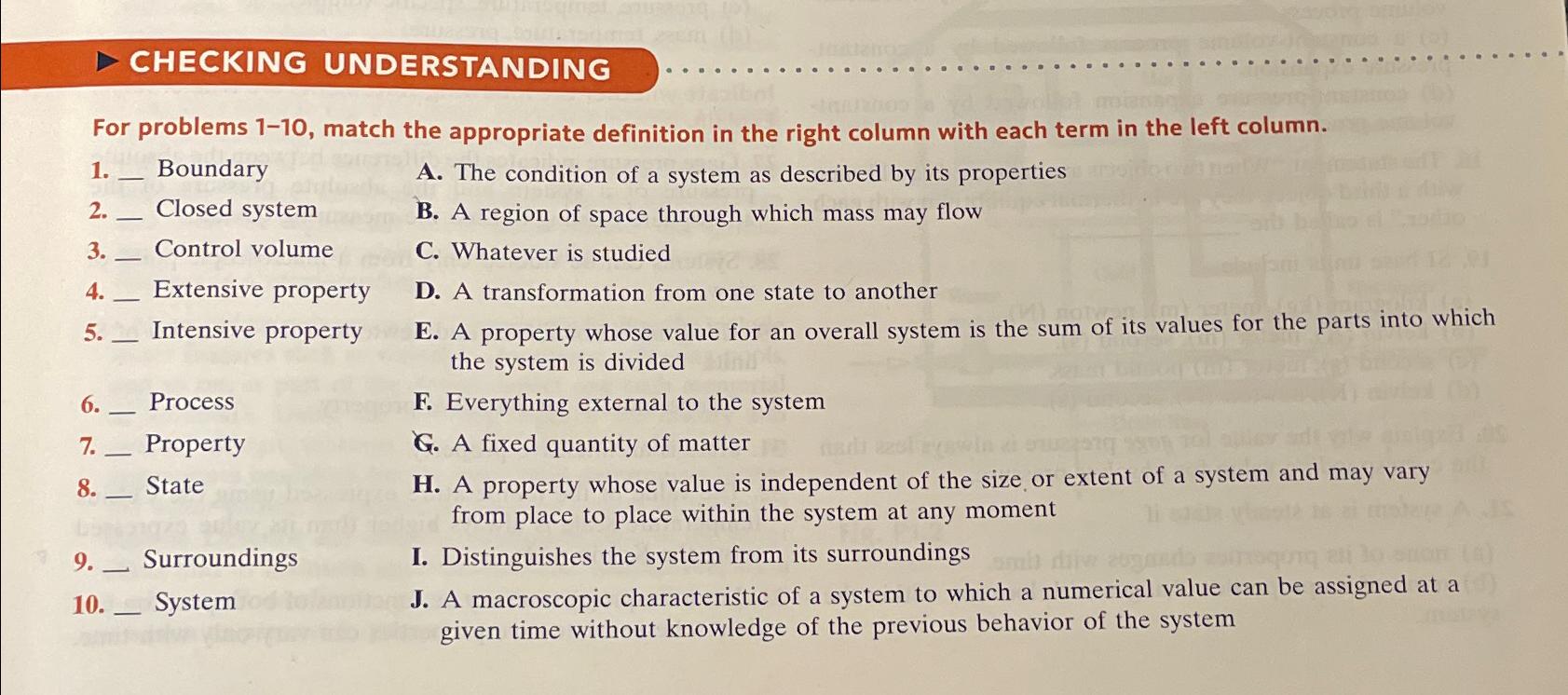  CHECKING UNDERSTANDING For problems 1-10, match the appropriate definition in the