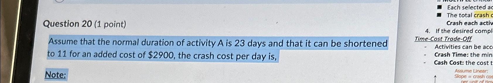  Question 20(1 point) Assume that the normal duration of activity A