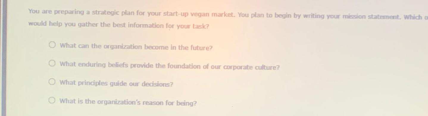  You are preparing a strategic plan for your start-up vegan market.