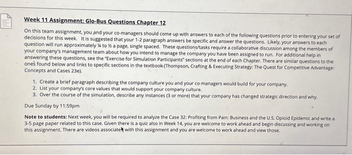 Glo- bus question Week 11 Assignment: Glo-Bus Questions Chapter 12 On this