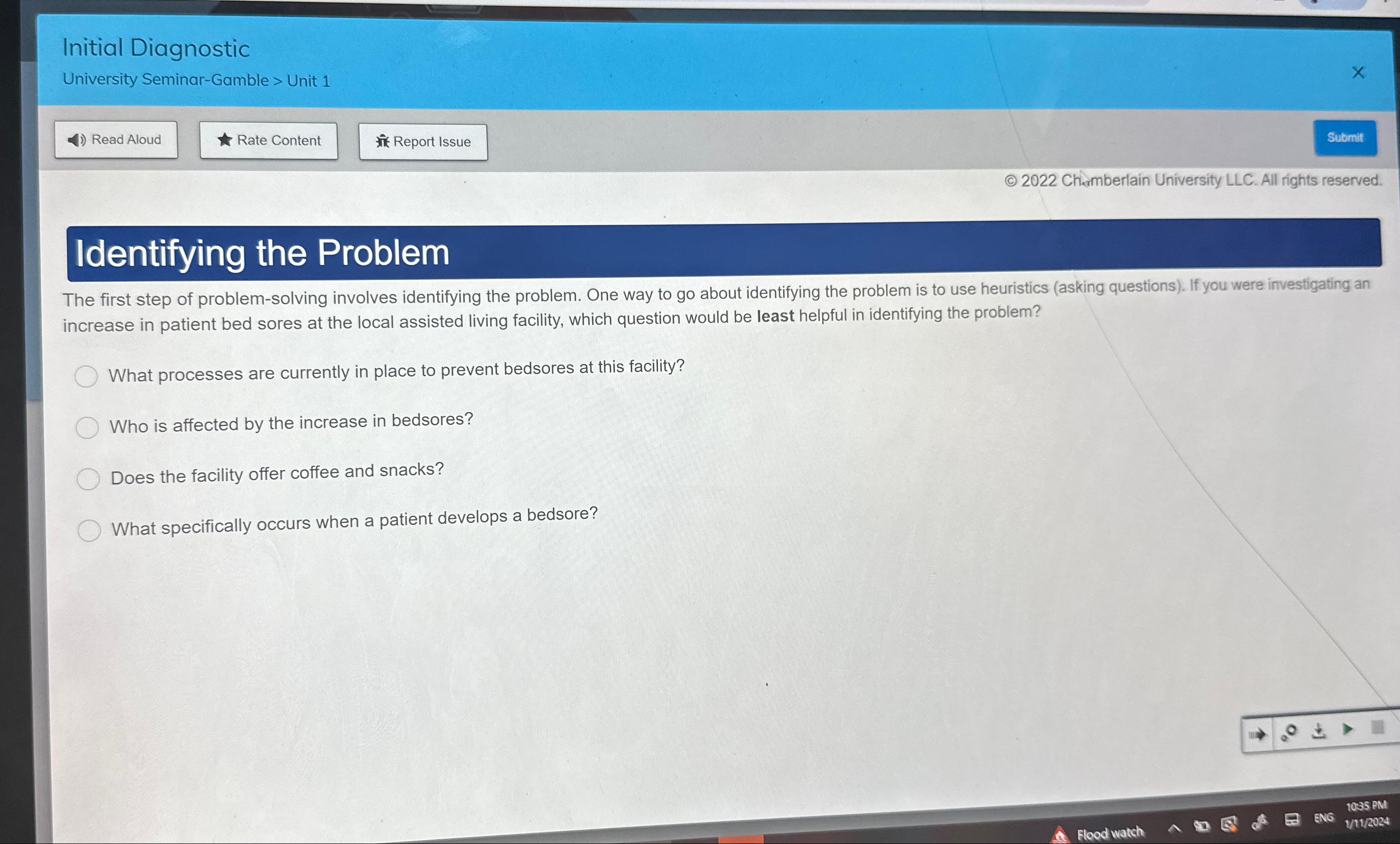  Initial Diagnostic University Seminar-Gamble > Unit 1 ()2022 Charmberlain University LLC.