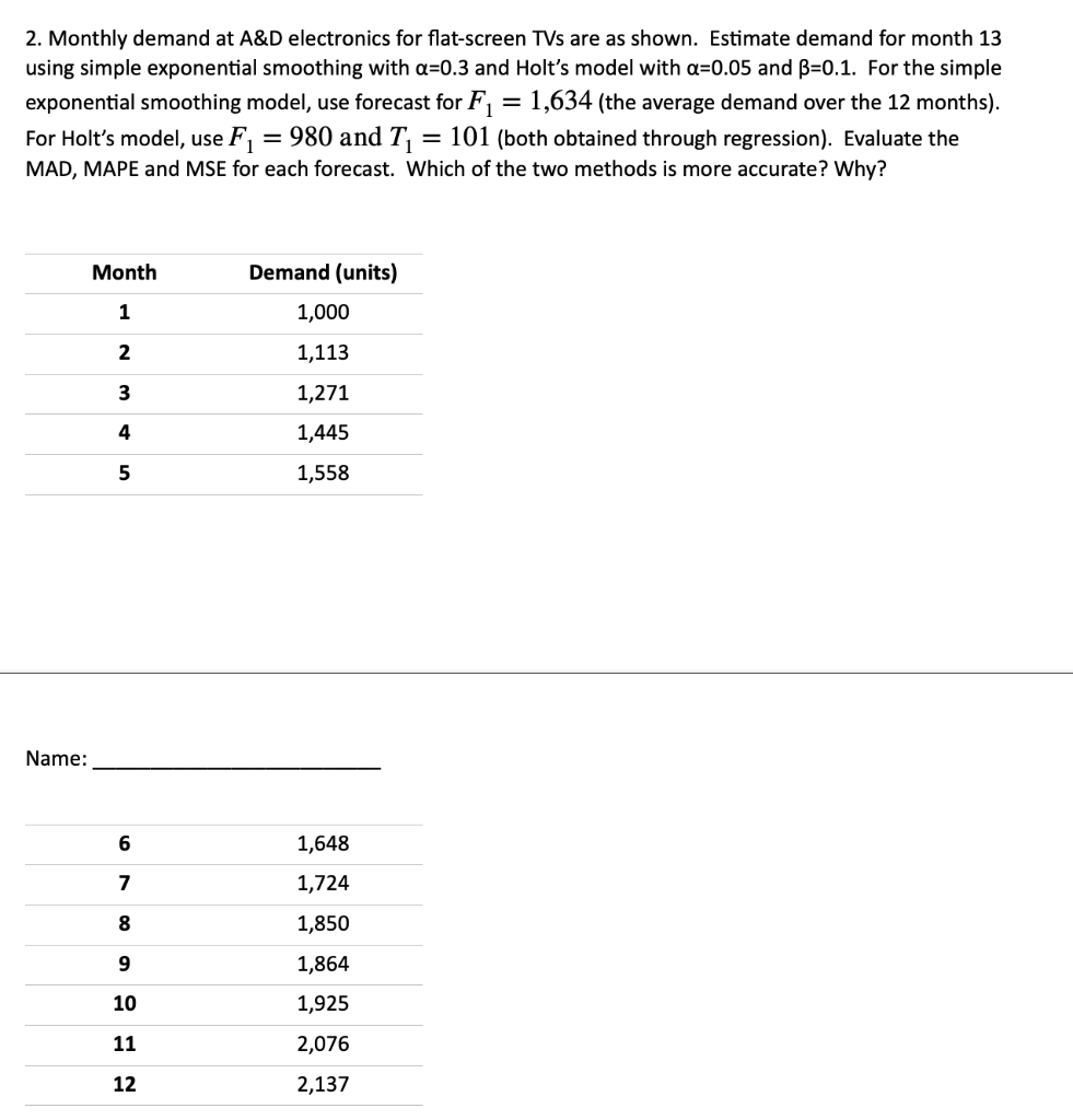  2. Monthly demand at A\&D electronics for flat-screen TVs are as