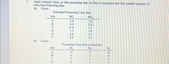  7. Apply Jonson's Rule, so that processing time (in Hrs) is