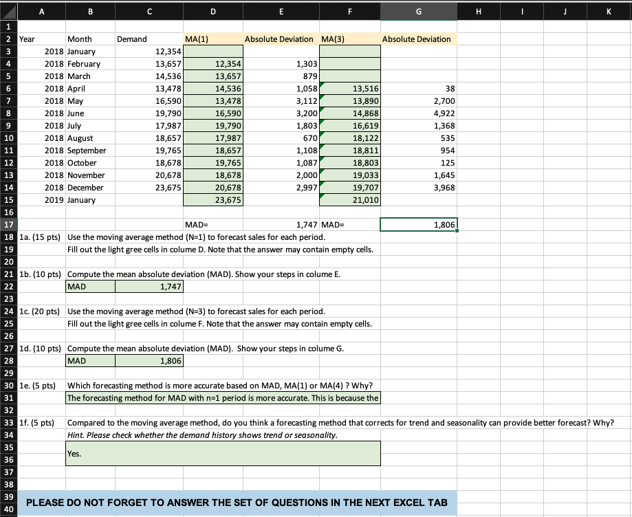  1a. (15 pts) Use the moving average method (N=1) to forecast
