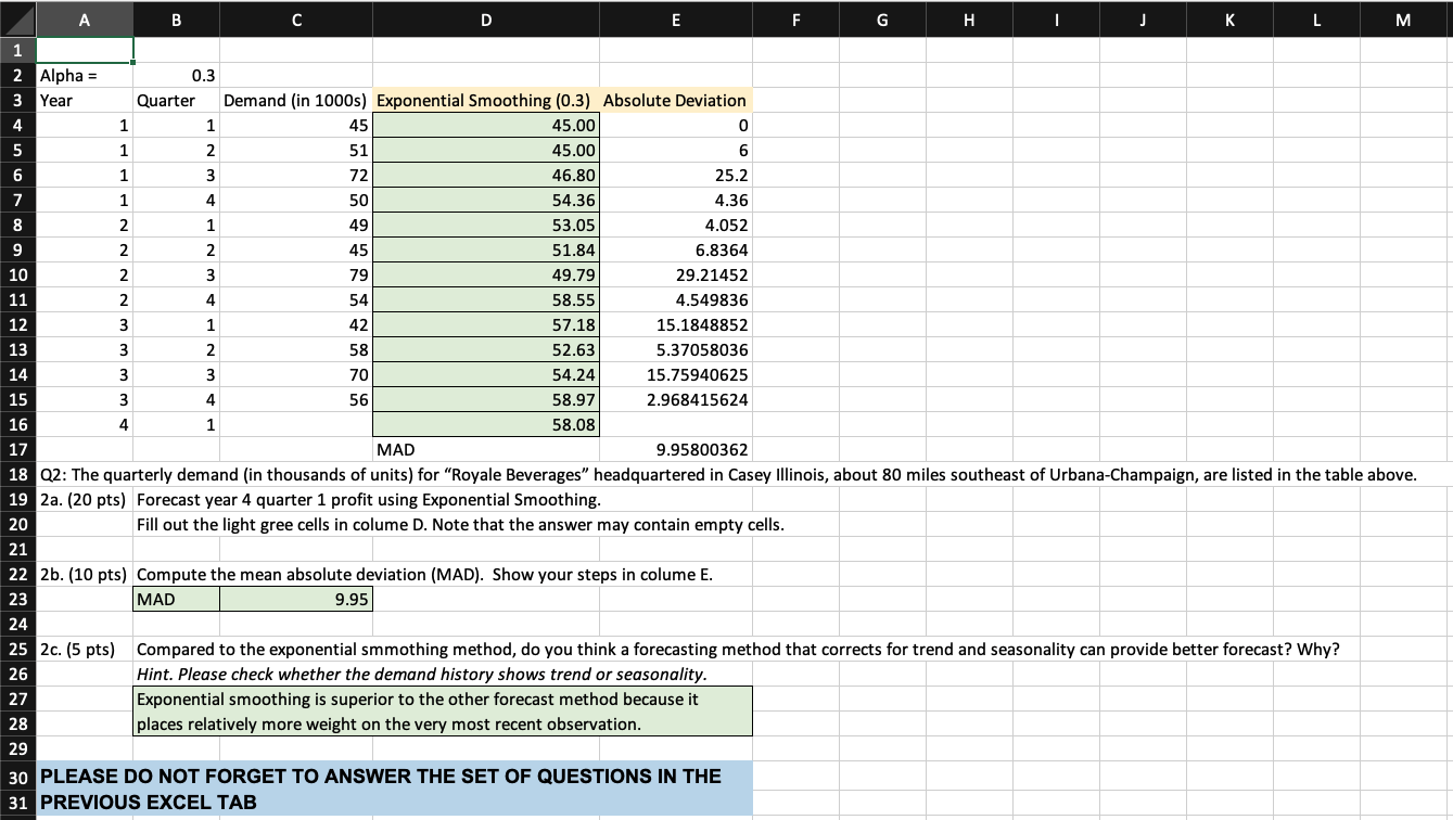 sales for each period. Fill out the light gree cells in colume