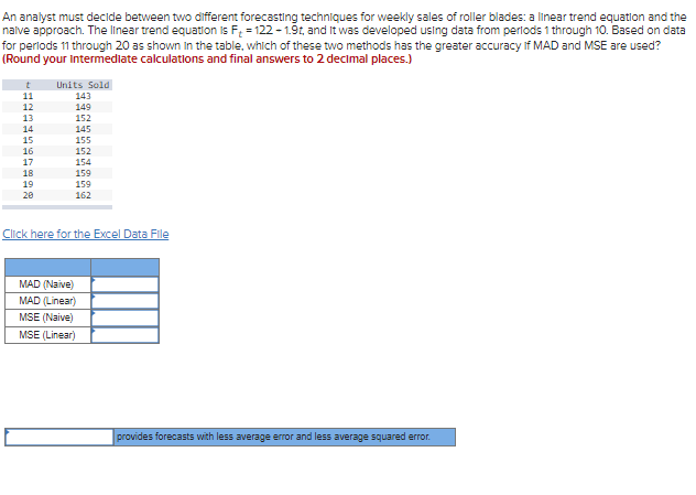  An analyst must decide between two dlfferent forecasting techniques for weekly