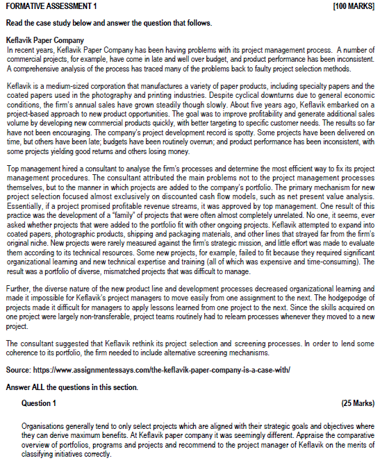  FORMATIVE ASSESSMENT 1 [100 MARKS] Read the case study below and