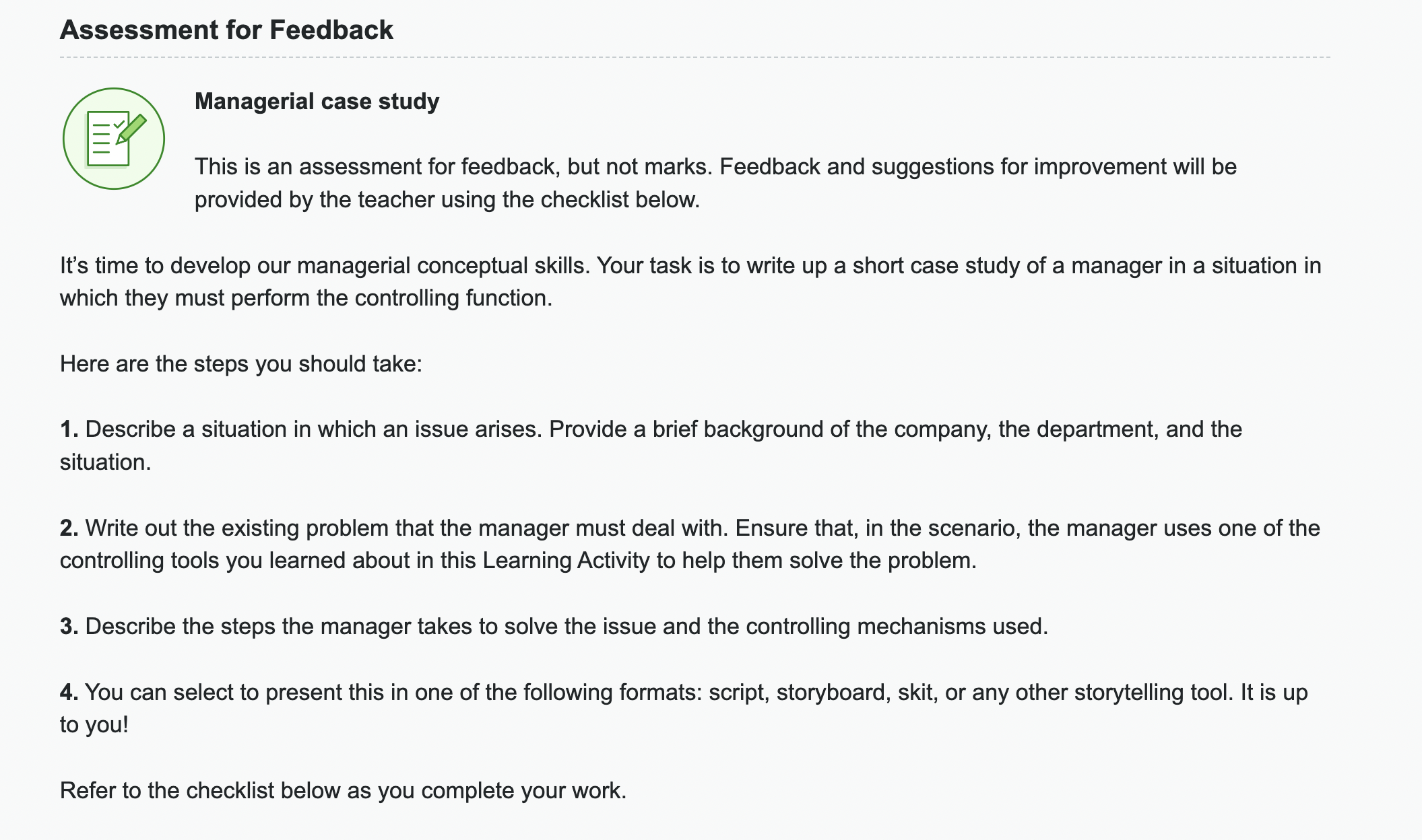 please explain this one in detail! Assessment for Feedback Managerial case study