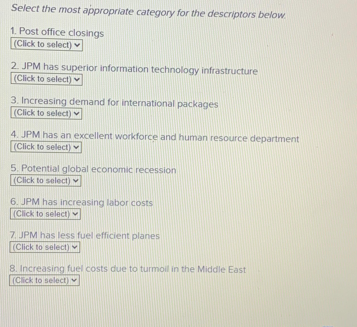  Select the most appropriate category for the descriptors below. Post office