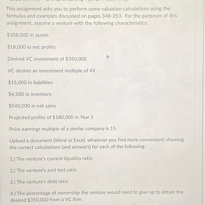plz help! This assignment asks you to perform some valuation calculations using