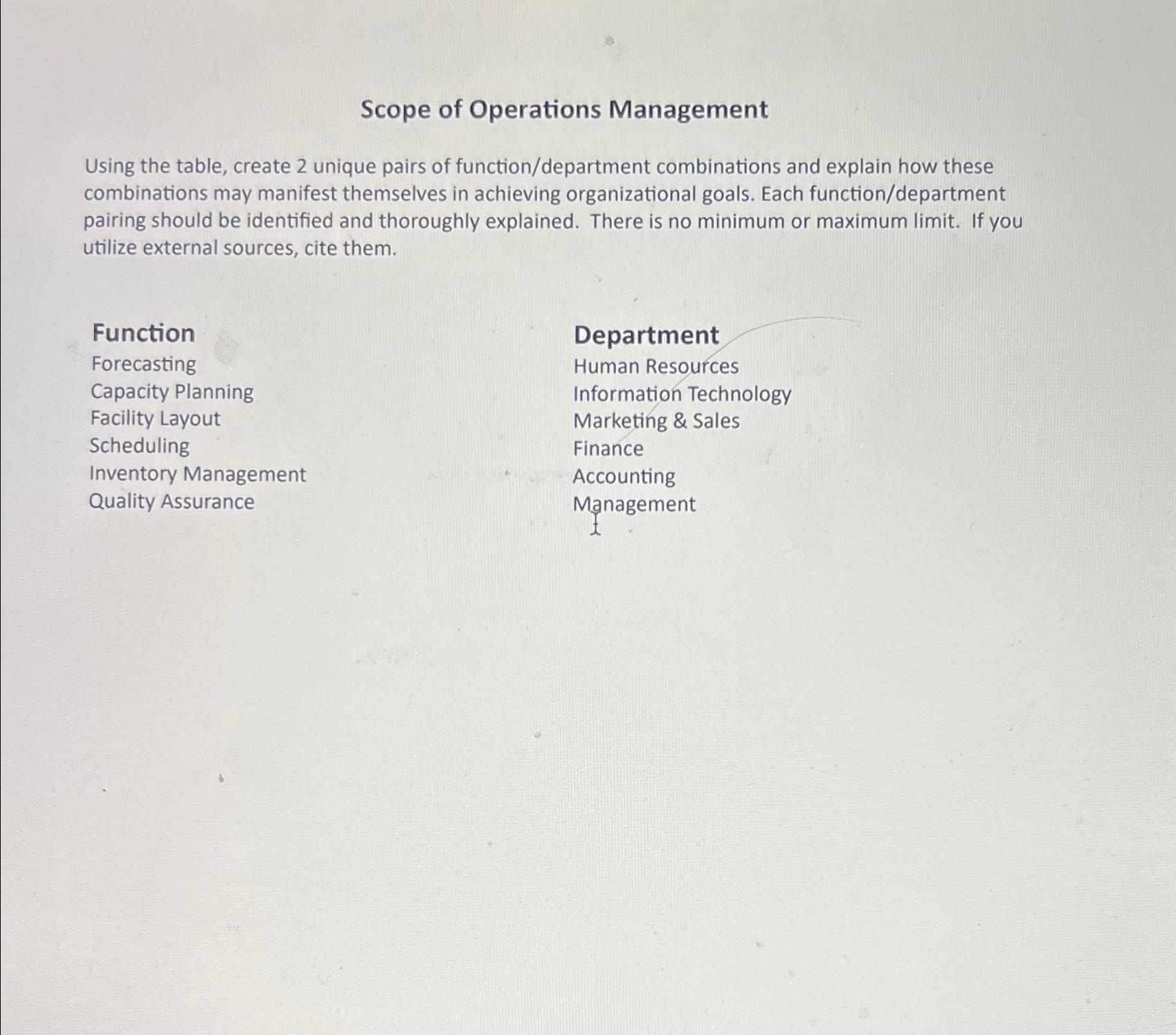  Scope of Operations Management Using the table, create 2 unique pairs