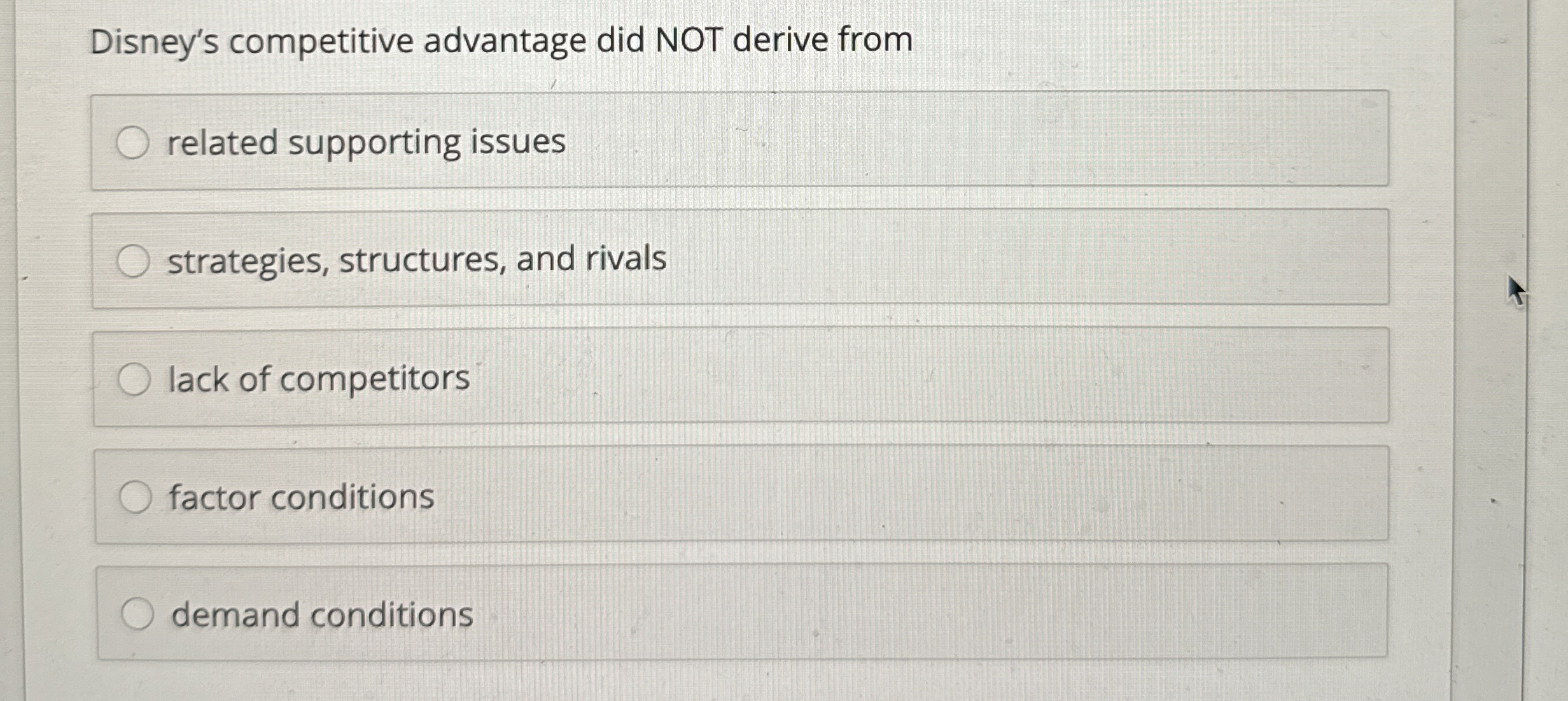  Disney's competitive advantage did NOT derive from related supporting issues strategies,