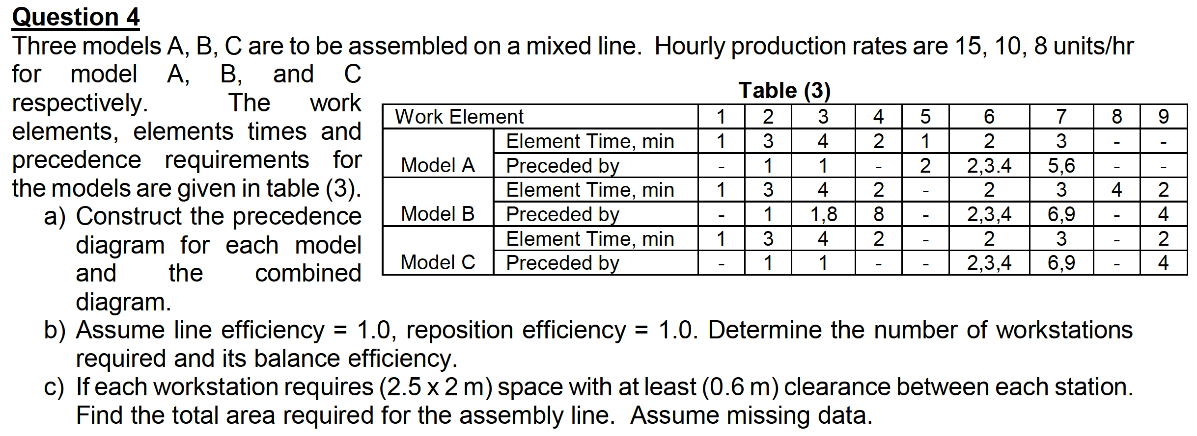 Question 4 Three models A, B, C are to be assembled