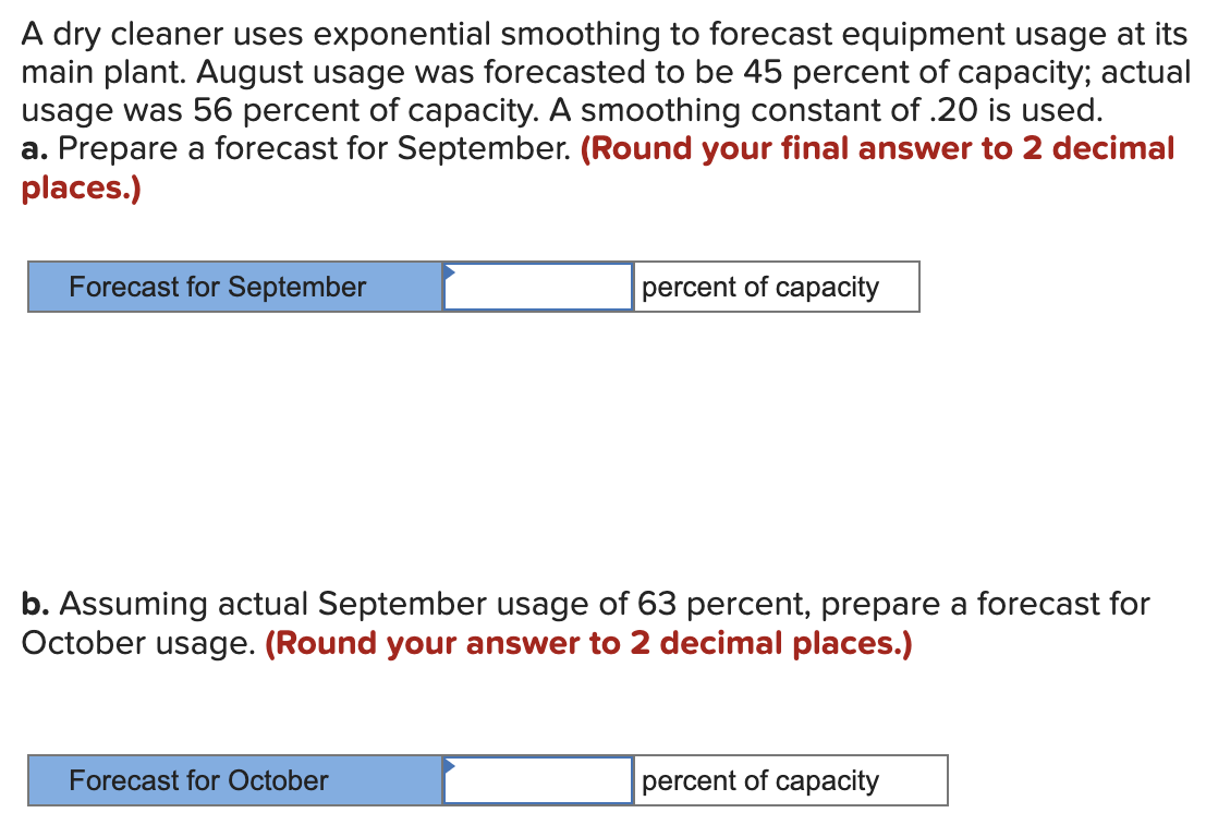  A dry cleaner uses exponential smoothing to forecast equipment usage at