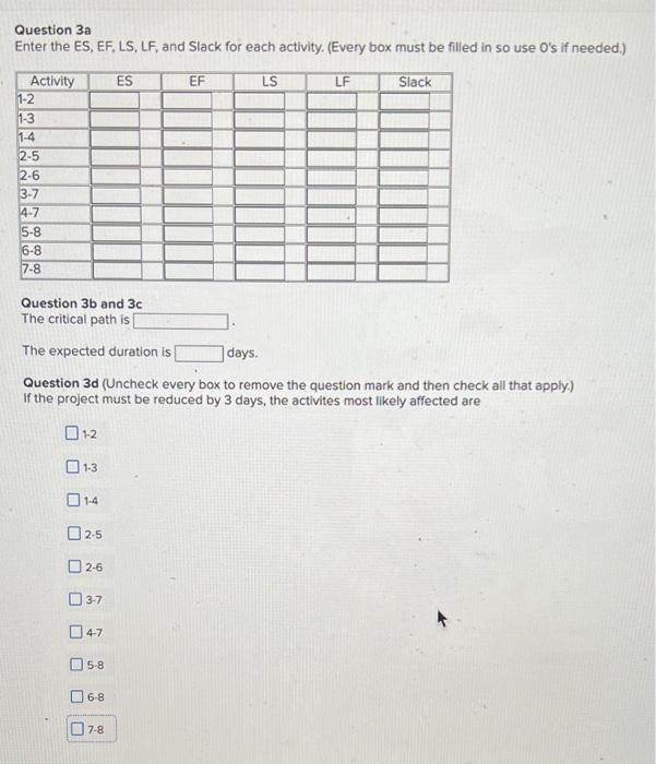  Question 3a Enter the ES, EF, LS, LF, and Slack for
