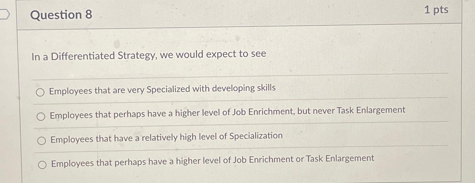  Question 8 1 pts In a Differentiated Strategy, we would expect