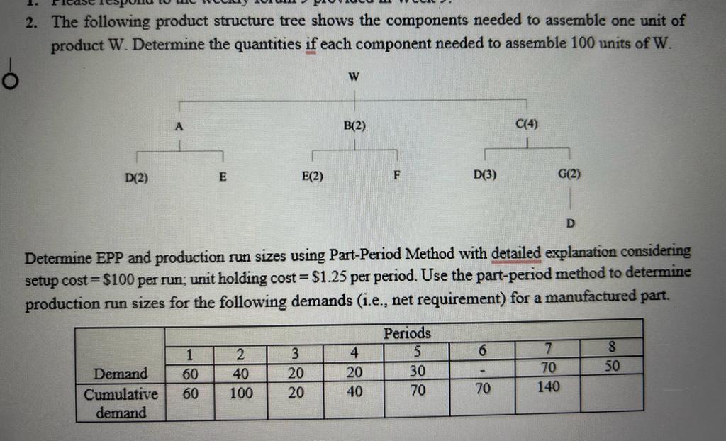 2. The following product structure tree shows the components needed to