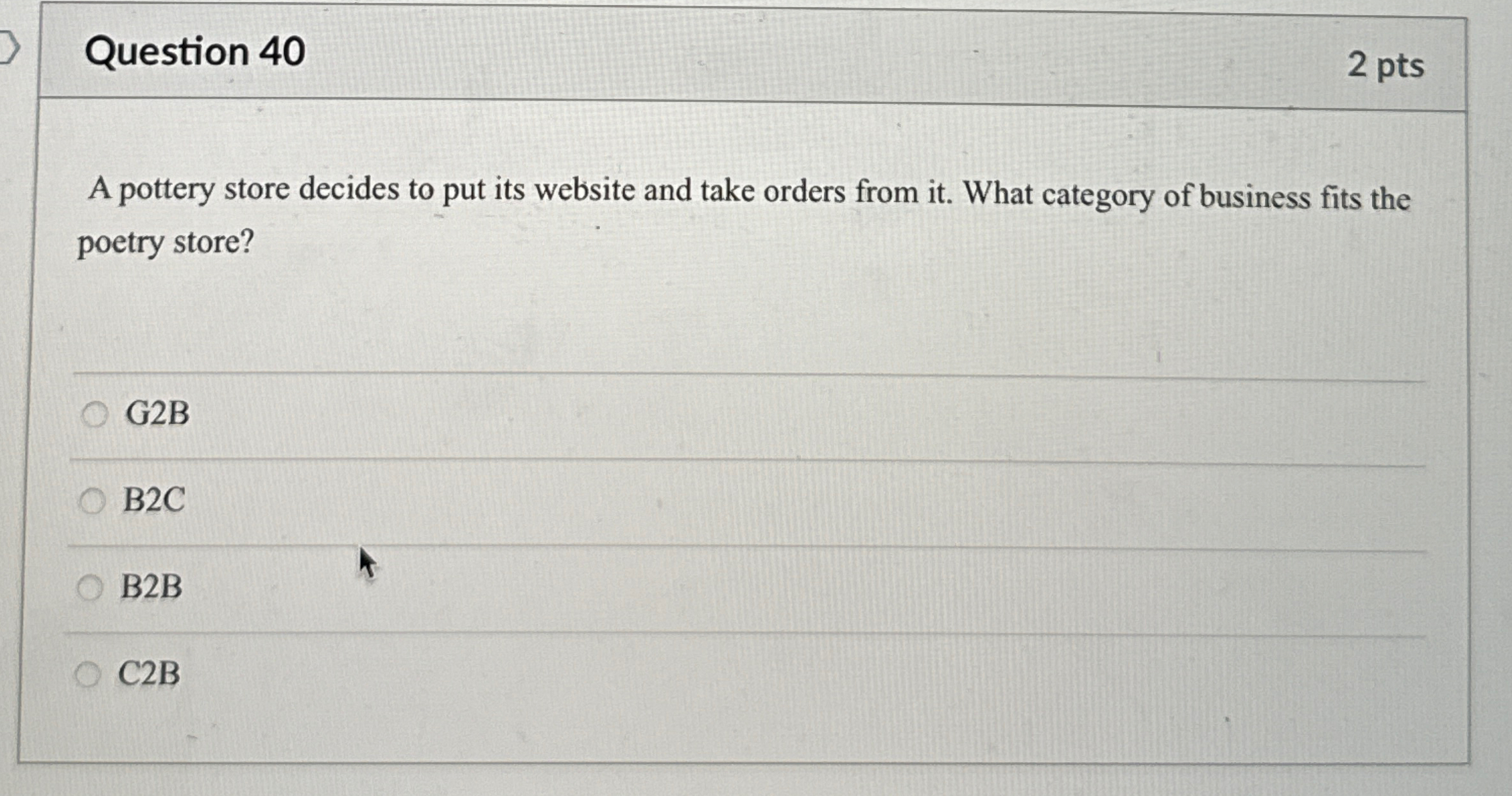  Question 40 2 pts A pottery store decides to put its