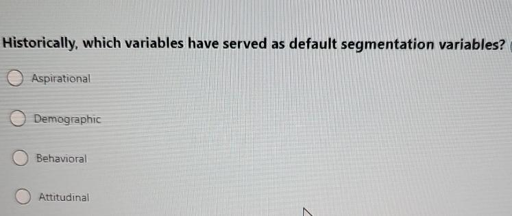  Historically, which variables have served as default segmentation variables? Aspirational Demographic