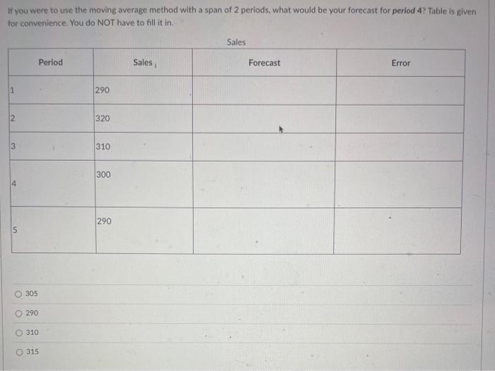  If you were to use the moving average method with a