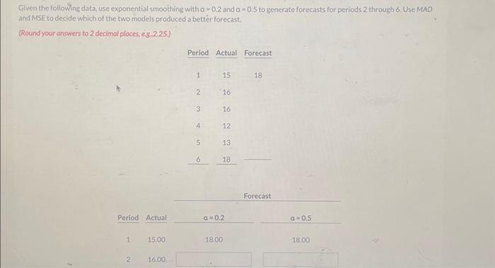  Given the following data, use exponential smoothing with a=0.2 and a=0.5