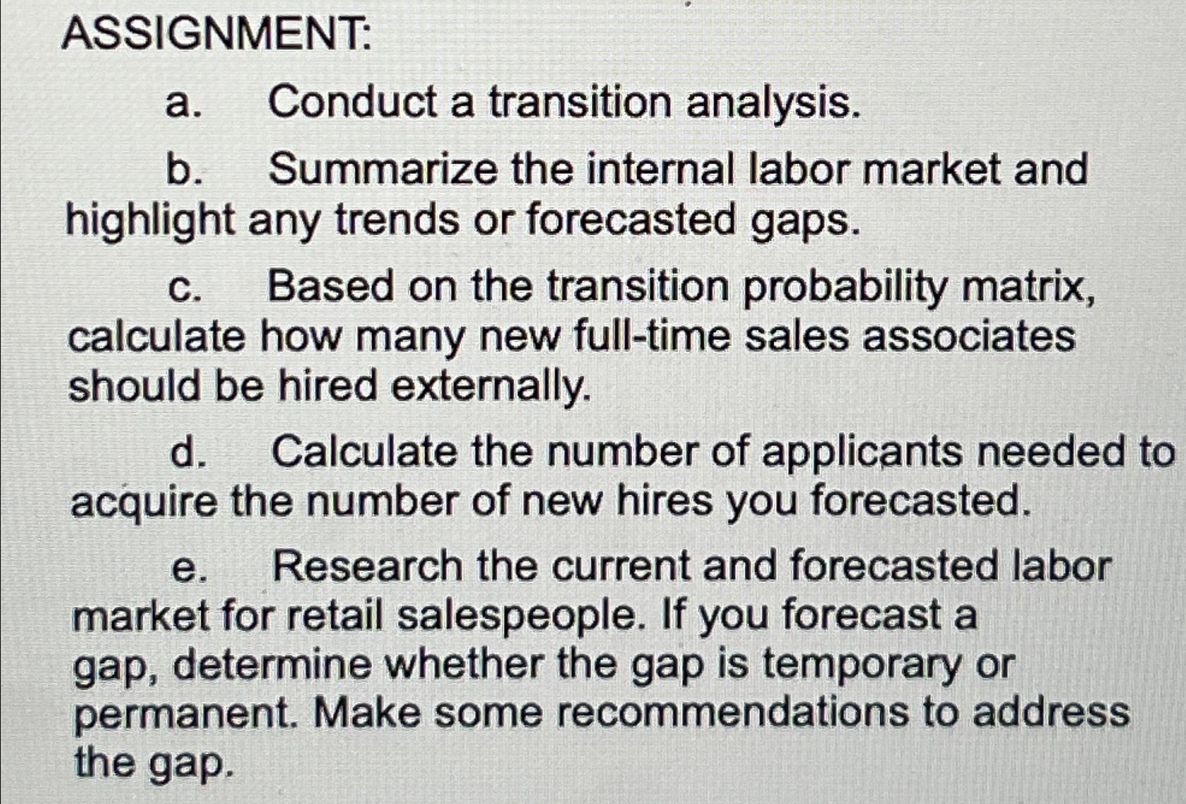  ASSIGNMENT: a. Conduct a transition analysis. b. Summarize the internal labor