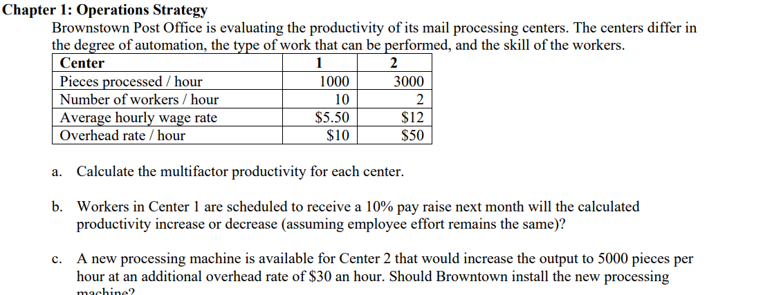 pter 1: Operations Strategy Brownstown Post Office is evaluating the productivity