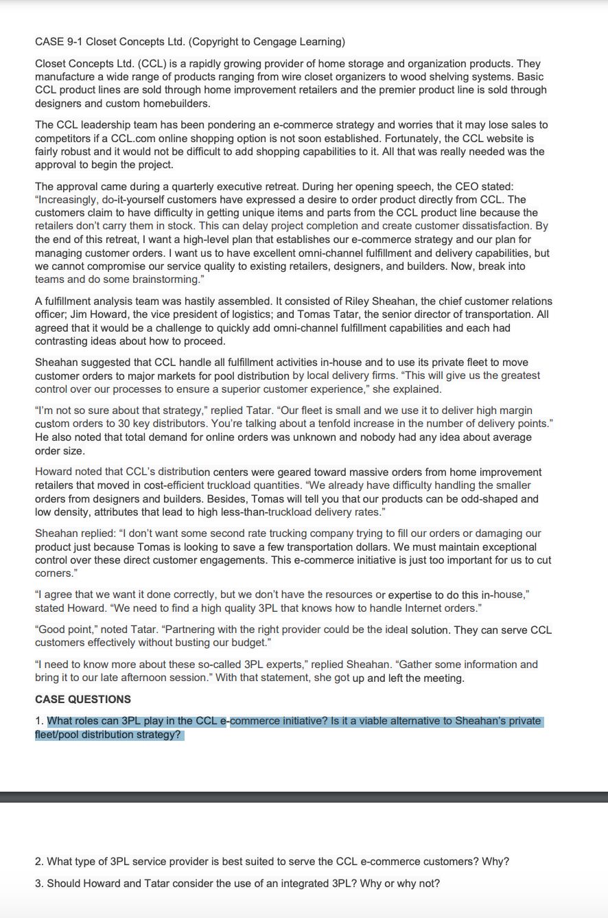 Please answer 1,2, and 3. CASE 9-1 Closet Concepts Ltd. (Copyright to