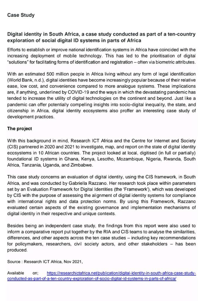  Case Study Digital identity in South Africa, a case study conducted