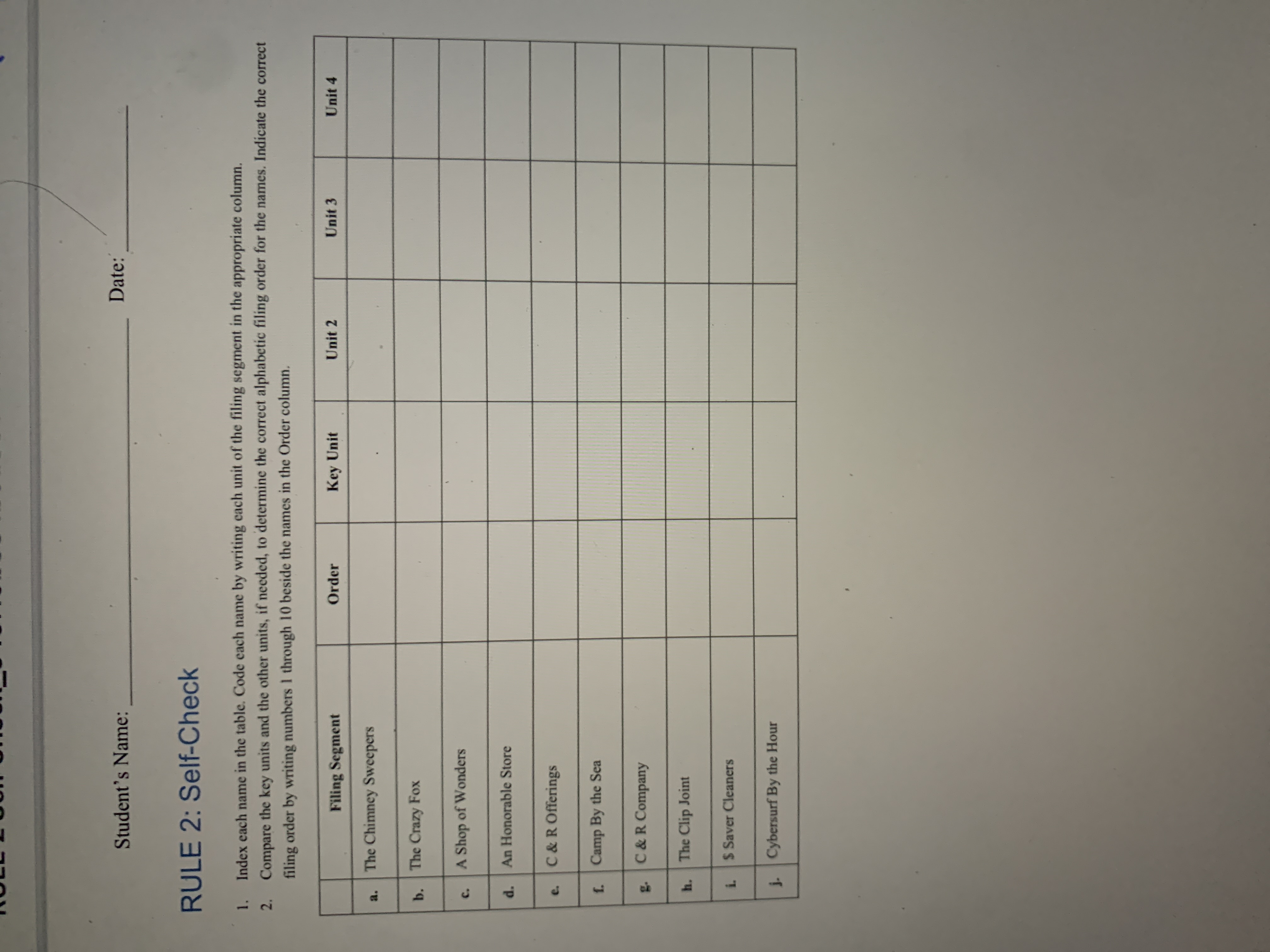  1. Index each name in the table. Code each name by