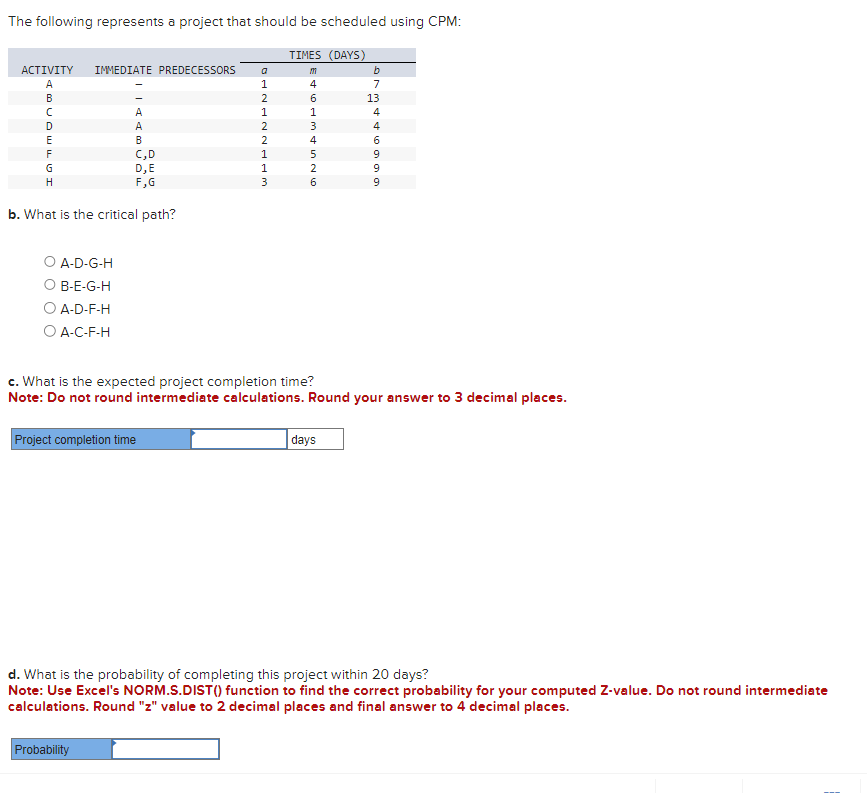  The following represents a project that should be scheduled using CPM: