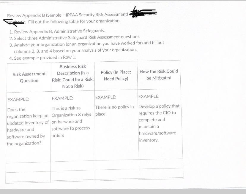 Review Appendix B (Sample HIPPAA Security Risk Assessment) Fill out the