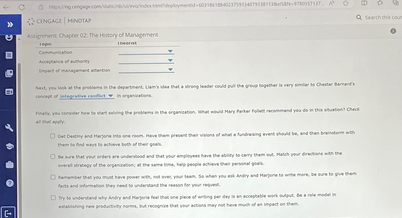  :' CENGAGE | MINDTAP Assignment: Chapter 02: The History of Management