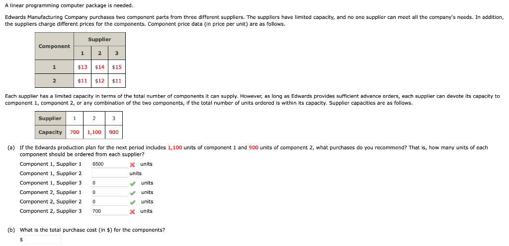 A linear programming computer package is needed. the suppliers charge different