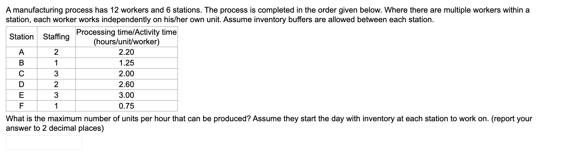  A manufacturing process has 12 workers and 6 stations. The process