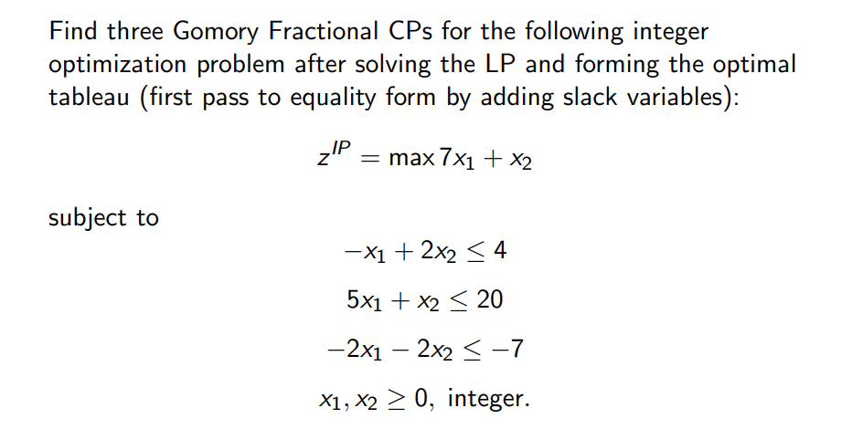  Find three Gomory Fractional CPs for the following integer optimization problem