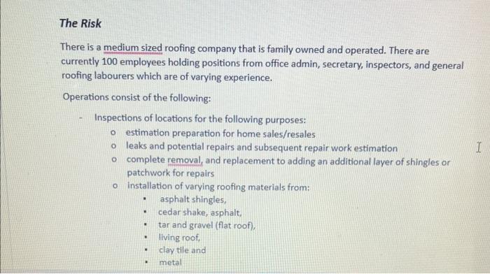 Study Assignment \#2 Read the case provided and then identify the risk