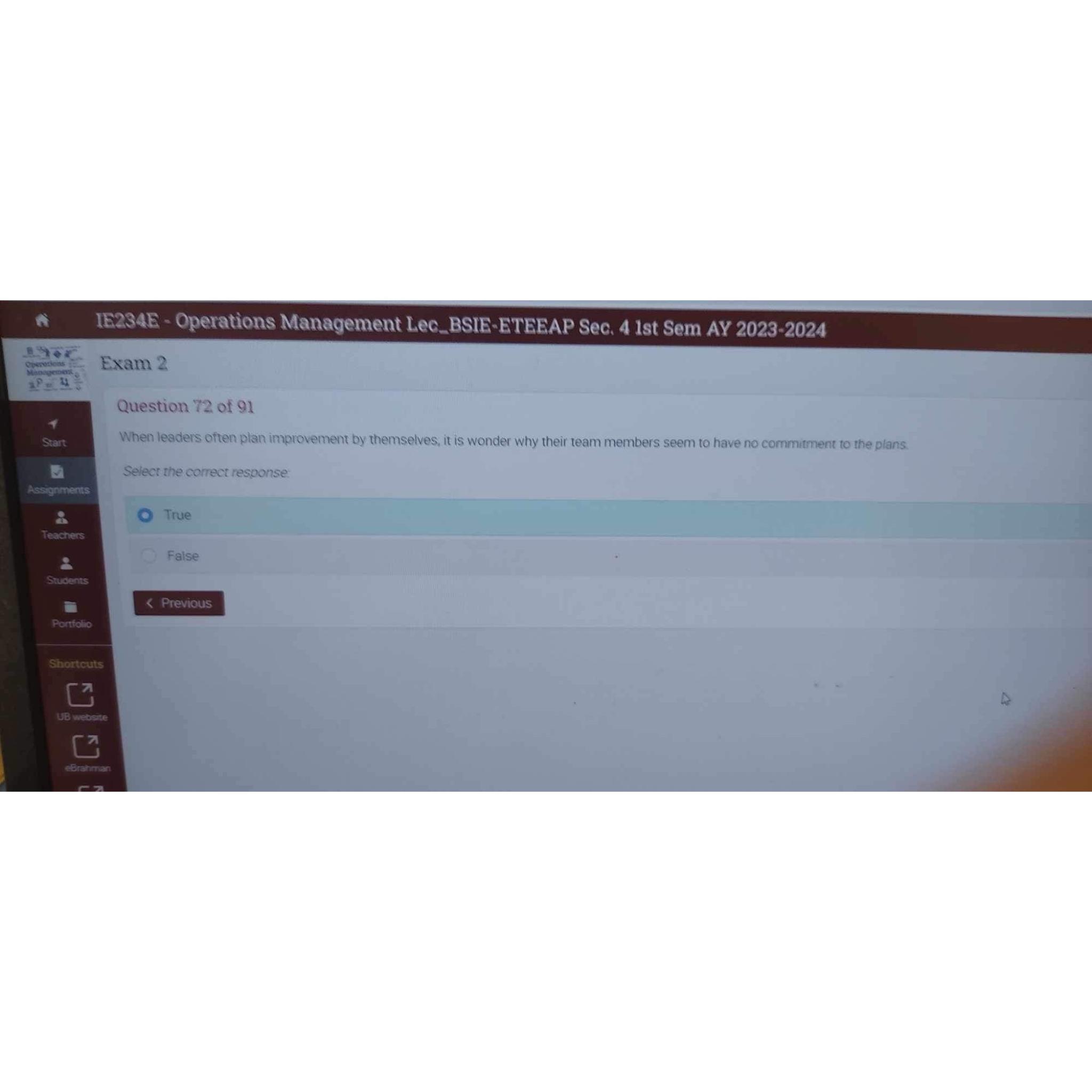  IE234E- Operations Management Lec_BSIE-ETEEAP Sec. 41st Sem AY 2023-2024 Exam 2