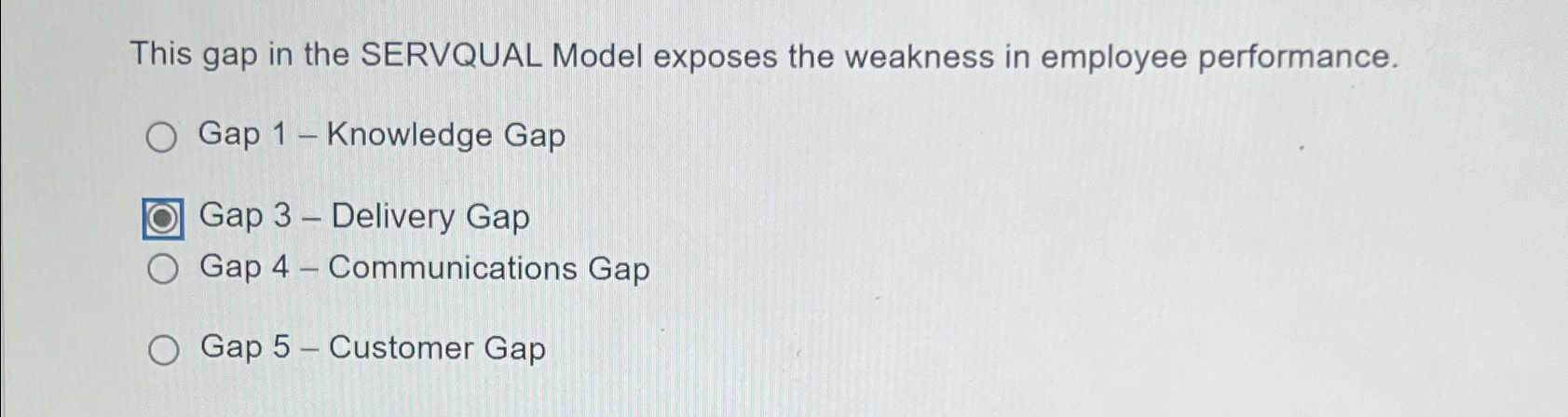  This gap in the SERVQUAL Model exposes the weakness in employee