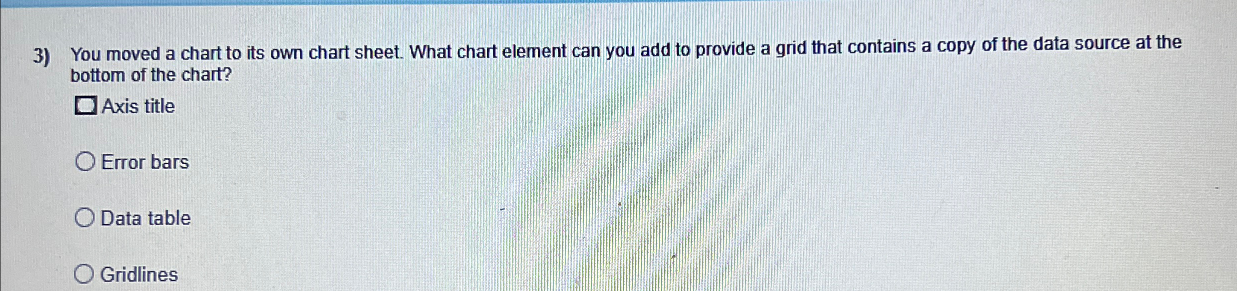  You moved a chart to its own chart sheet. What chart