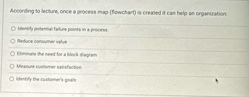  According to lecture, once a process map (flowchart) is created it